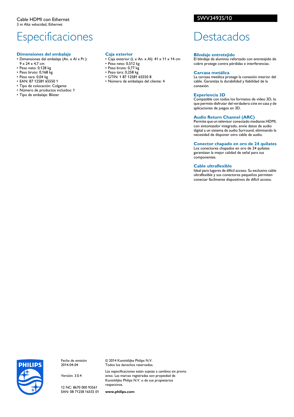 Especificaciones, Destacados | Philips Cable HDMI con Ethernet User Manual | Page 2 / 2