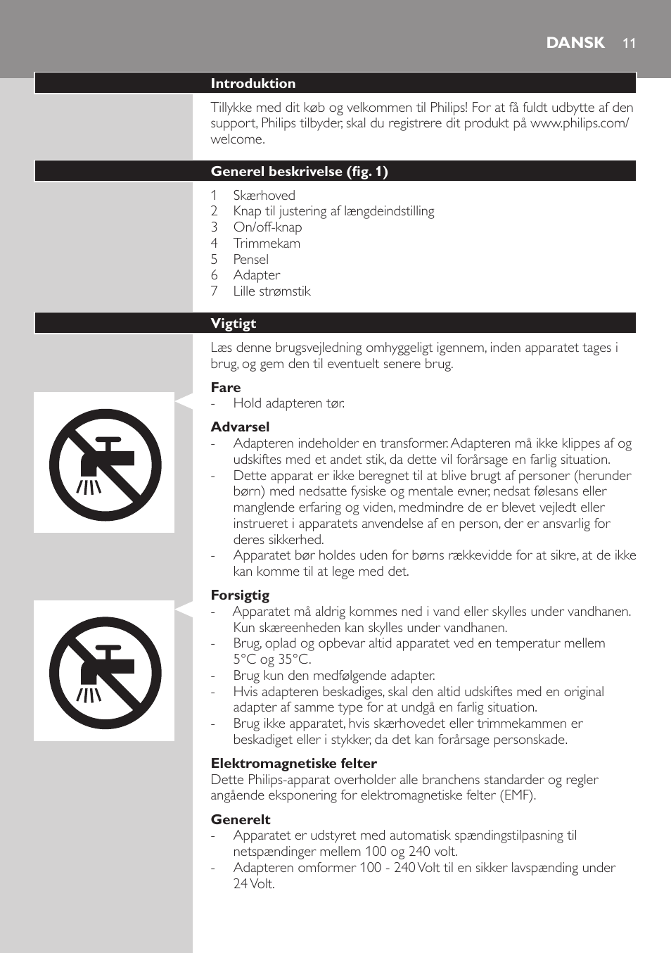 Dansk, Dansk 11 | Philips HAIRCLIPPER Series 3000 cortapelos User Manual | Page 11 / 78