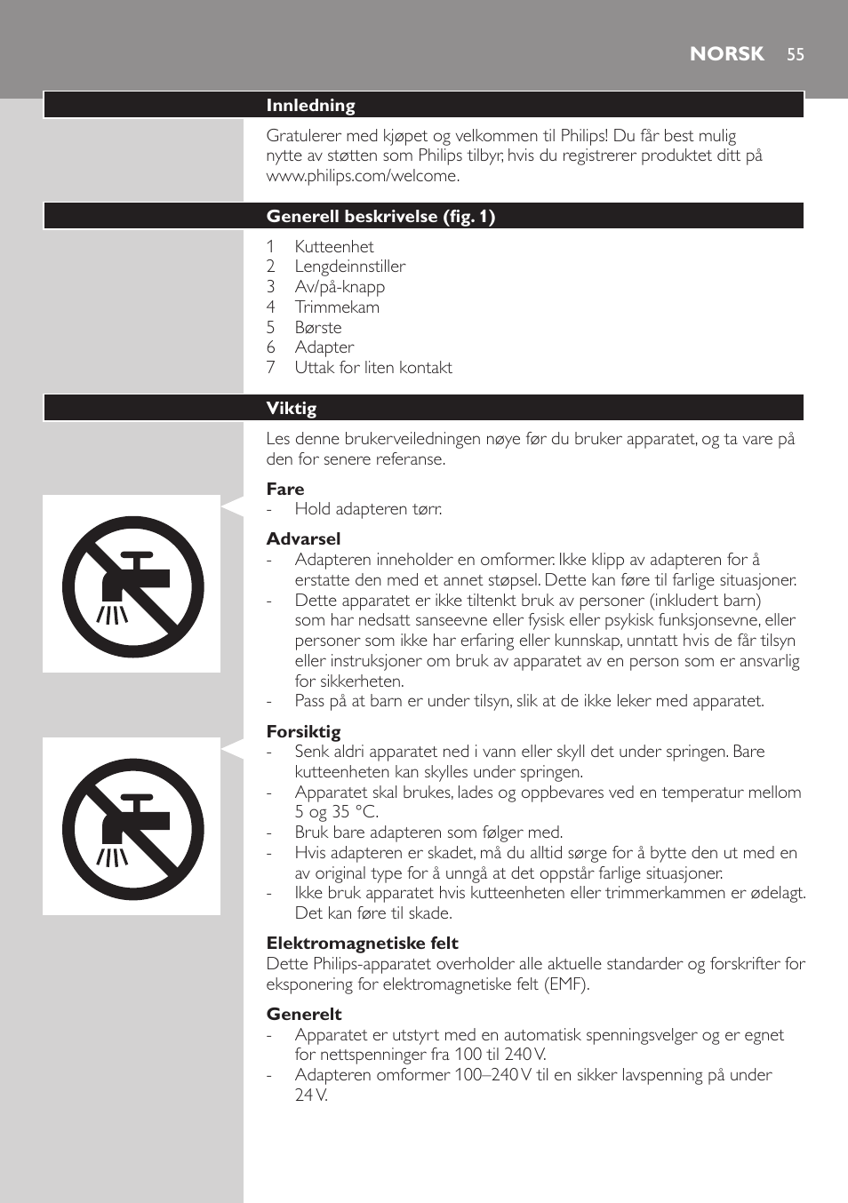 Norsk, Norsk 55 | Philips HAIRCLIPPER Series 3000 cortapelos User Manual | Page 55 / 78