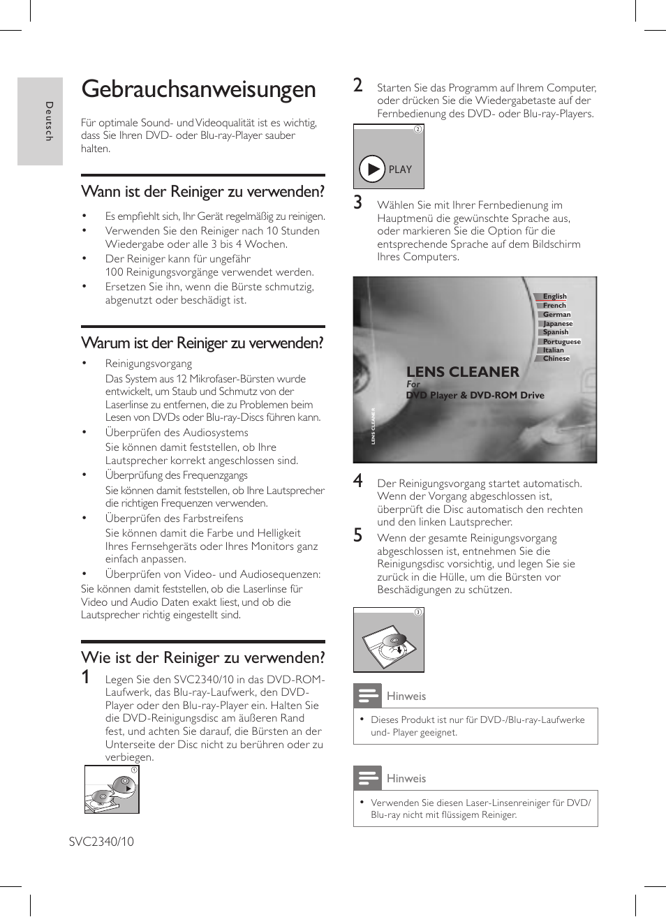 Gebrauchsanweisungen, Wann ist der reiniger zu verwenden, Warum ist der reiniger zu verwenden | Wie ist der reiniger zu verwenden | Philips Limpiador de lentes User Manual | Page 4 / 15