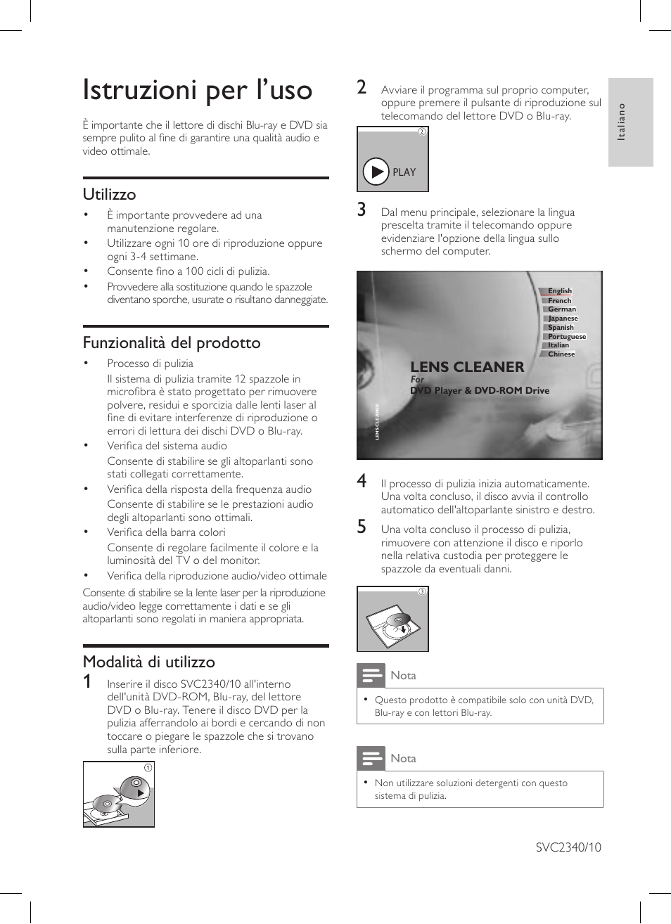 Istruzioni per l’uso, Utilizzo, Funzionalità del prodotto | Modalità di utilizzo | Philips Limpiador de lentes User Manual | Page 5 / 15