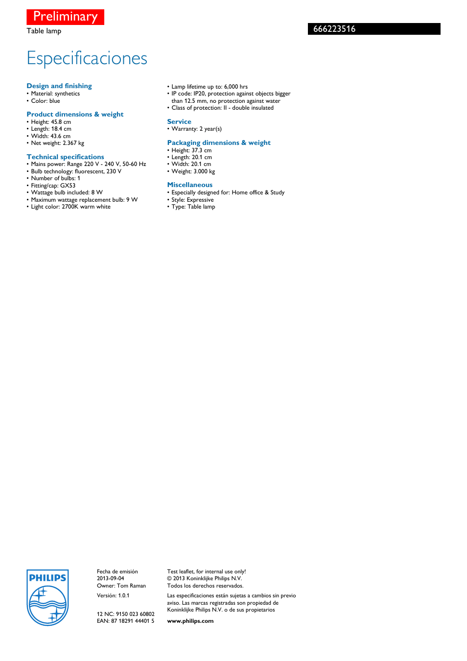 Especificaciones, Preliminary | Philips myHomeOffice Lámpara de mesa User Manual | Page 3 / 3