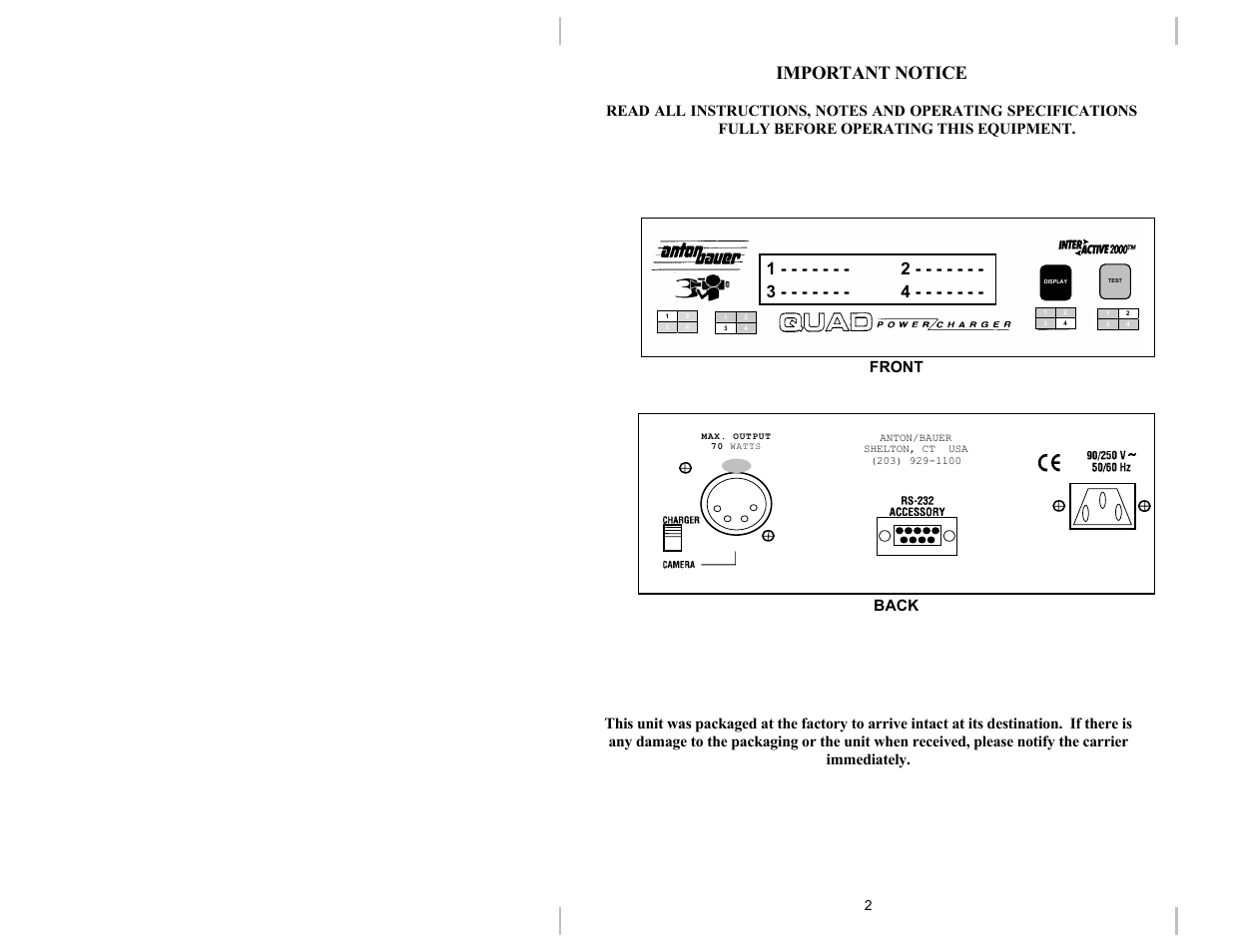 Important notice, Front back | Anton/Bauer DUAL 2702 User Manual | Page 4 / 15
