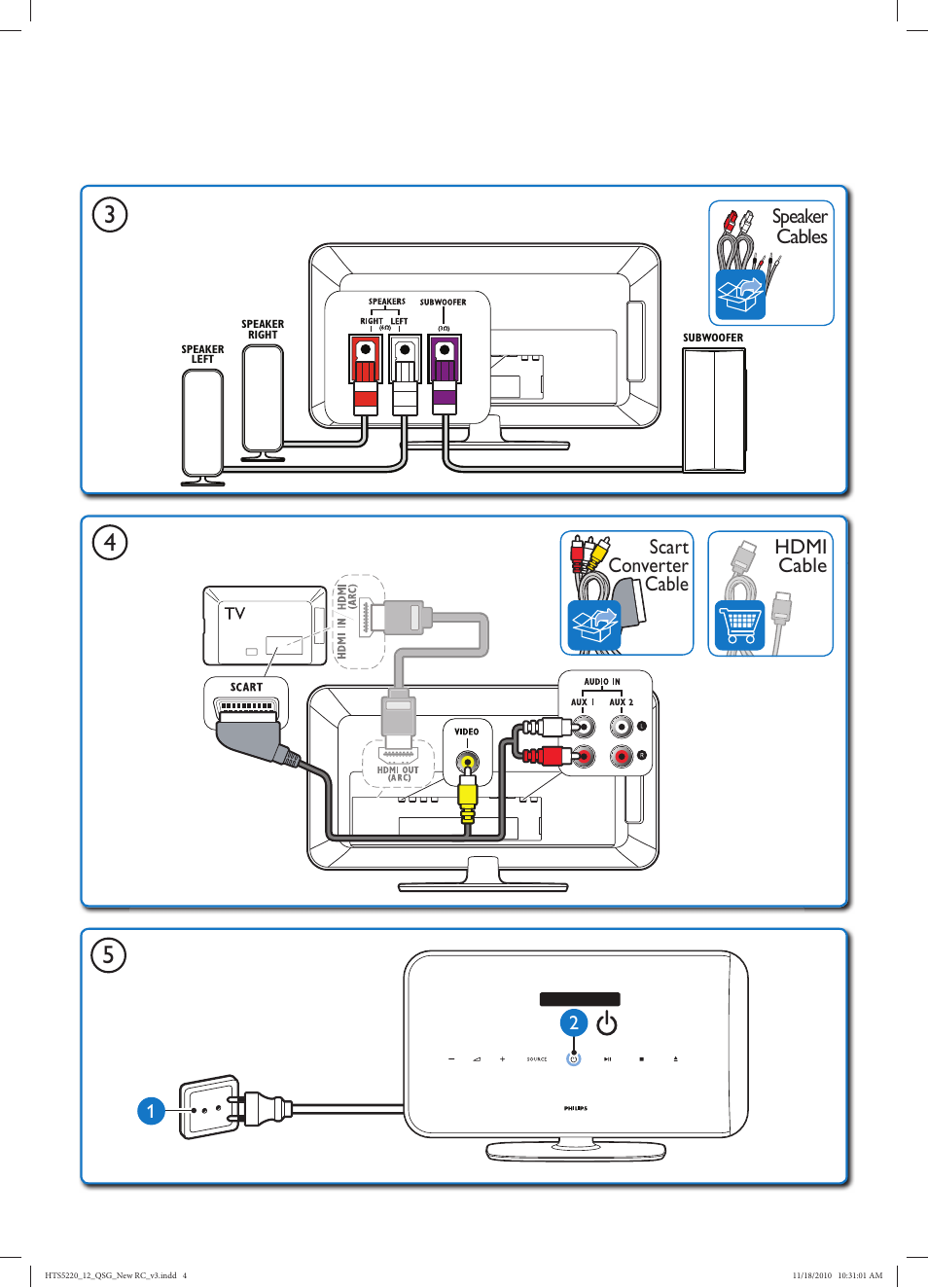 Hdmi cable scart converter cable, Speaker cables | Philips Sistemas de cine en casa 2.1 User Manual | Page 6 / 18