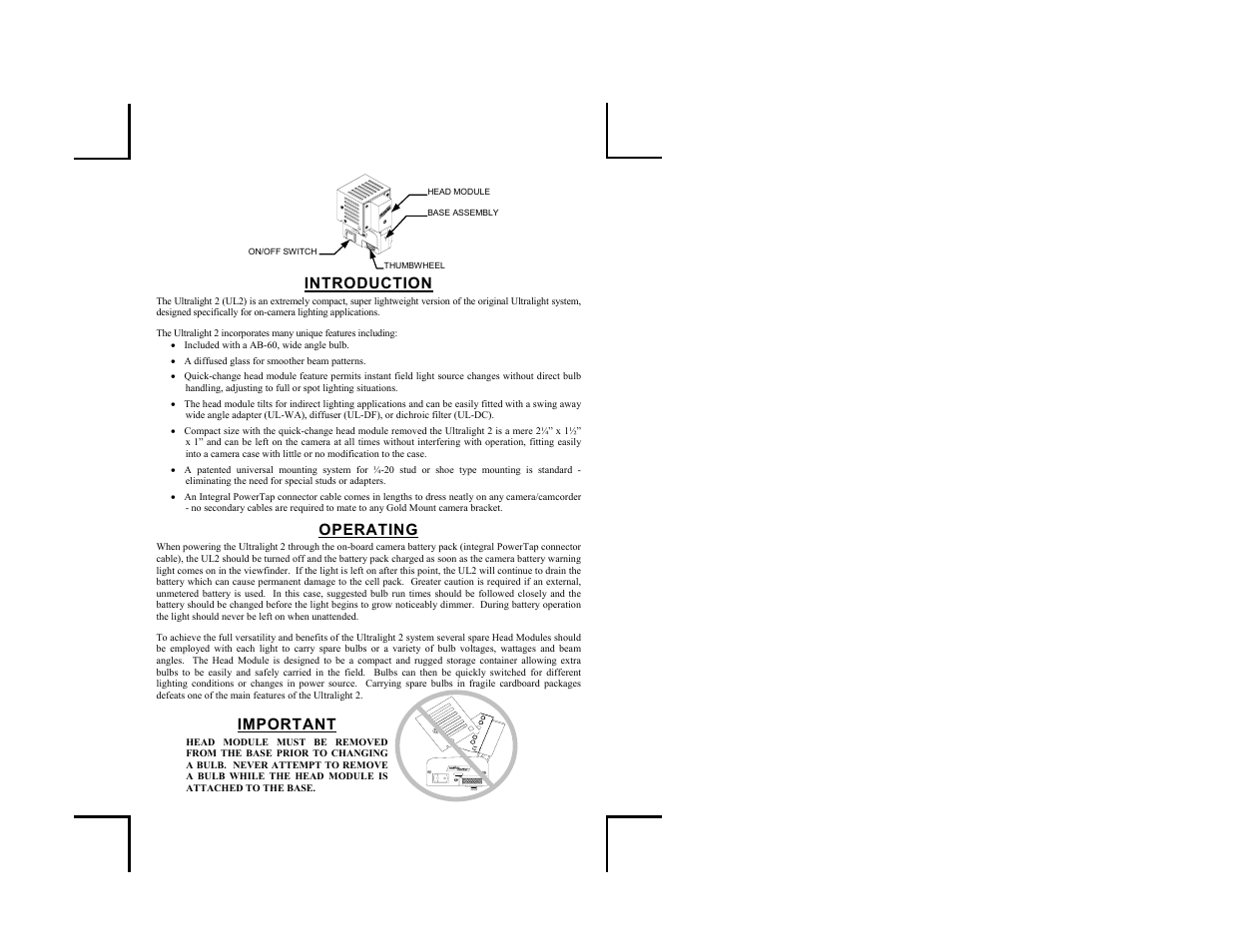 Introduction, Operating, Important | Anton/Bauer ULTRALIGHT 2 UL-2 User Manual | Page 4 / 12