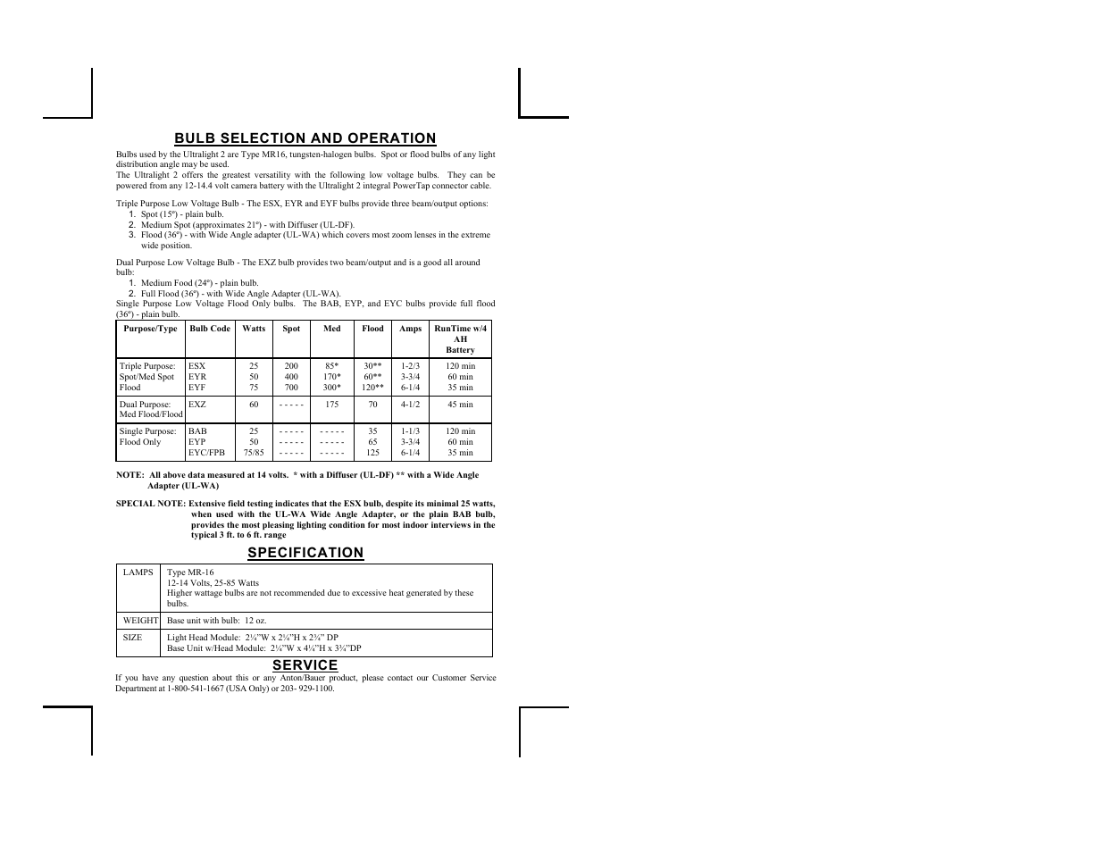 Bulb selection and operation, Specification, Service | Anton/Bauer ULTRALIGHT 2 UL-2 User Manual | Page 9 / 12