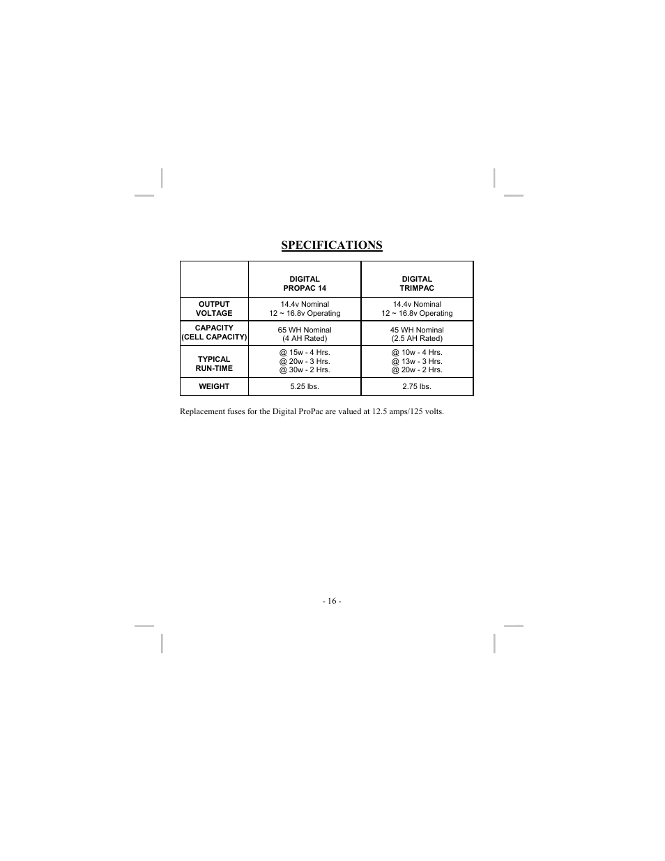 Specifications | Anton/Bauer LOGIC Series User Manual | Page 20 / 23