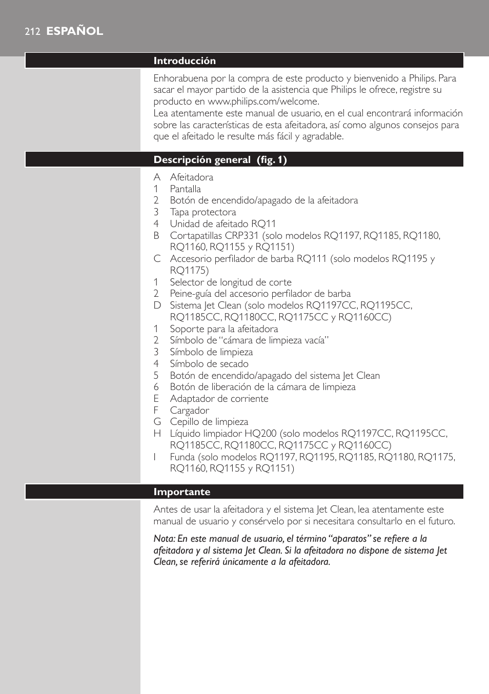 Español | Philips SHAVER Series 7000 SensoTouch afeitadora eléctrica en húmedo y seco User Manual | Page 212 / 304