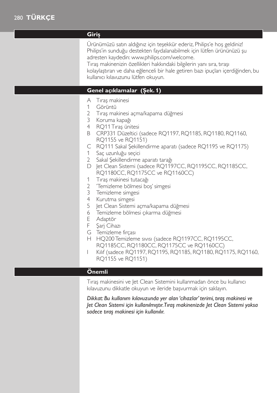 Türkçe, Türkçe 2 | Philips SHAVER Series 7000 SensoTouch afeitadora eléctrica en húmedo y seco User Manual | Page 280 / 304