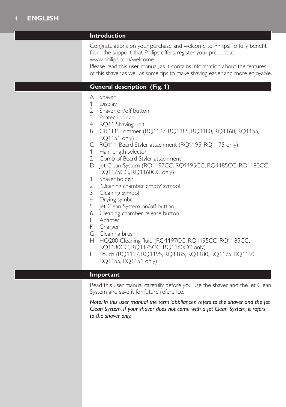 English | Philips SHAVER Series 7000 SensoTouch afeitadora eléctrica en húmedo y seco User Manual | Page 4 / 304