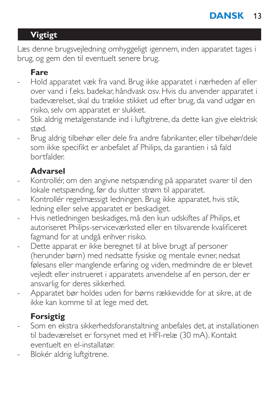 Fare, Advarsel, Forsigtig | Vigtigt | Philips SalonPro AC Secador User Manual | Page 13 / 96