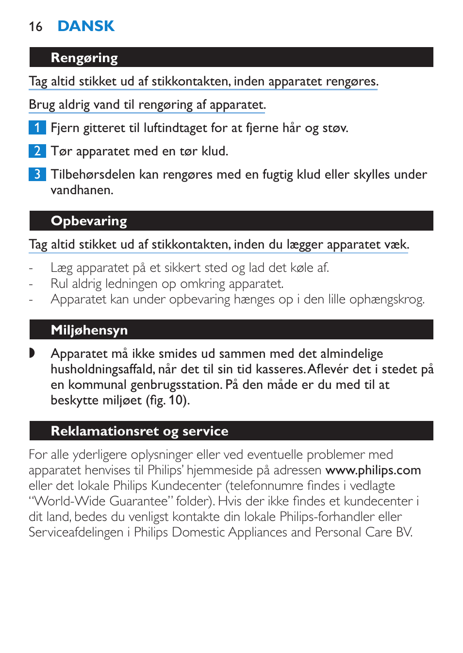 Rengøring, Opbevaring, Miljøhensyn | Reklamationsret og service | Philips SalonPro AC Secador User Manual | Page 16 / 96