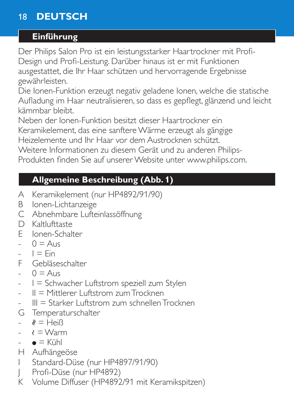 Deutsch, Einführung, Allgemeine beschreibung (abb. 1) | Philips SalonPro AC Secador User Manual | Page 18 / 96