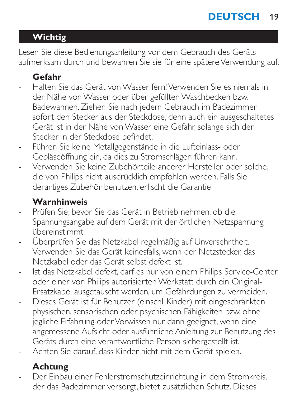 Gefahr, Warnhinweis, Achtung | Wichtig | Philips SalonPro AC Secador User Manual | Page 19 / 96