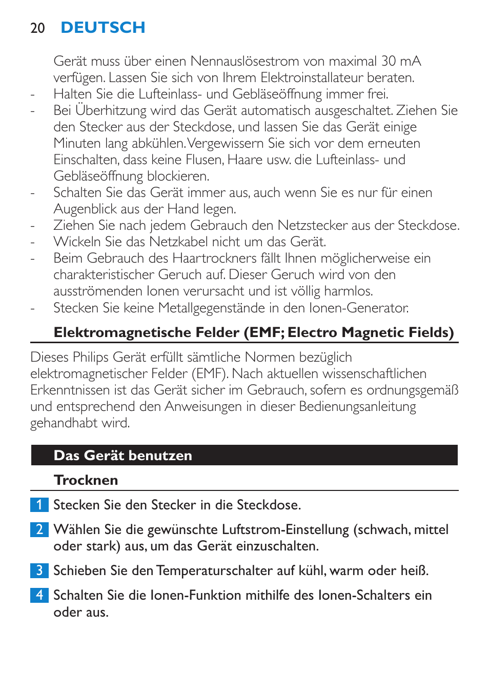 Das gerät benutzen, Trocknen | Philips SalonPro AC Secador User Manual | Page 20 / 96