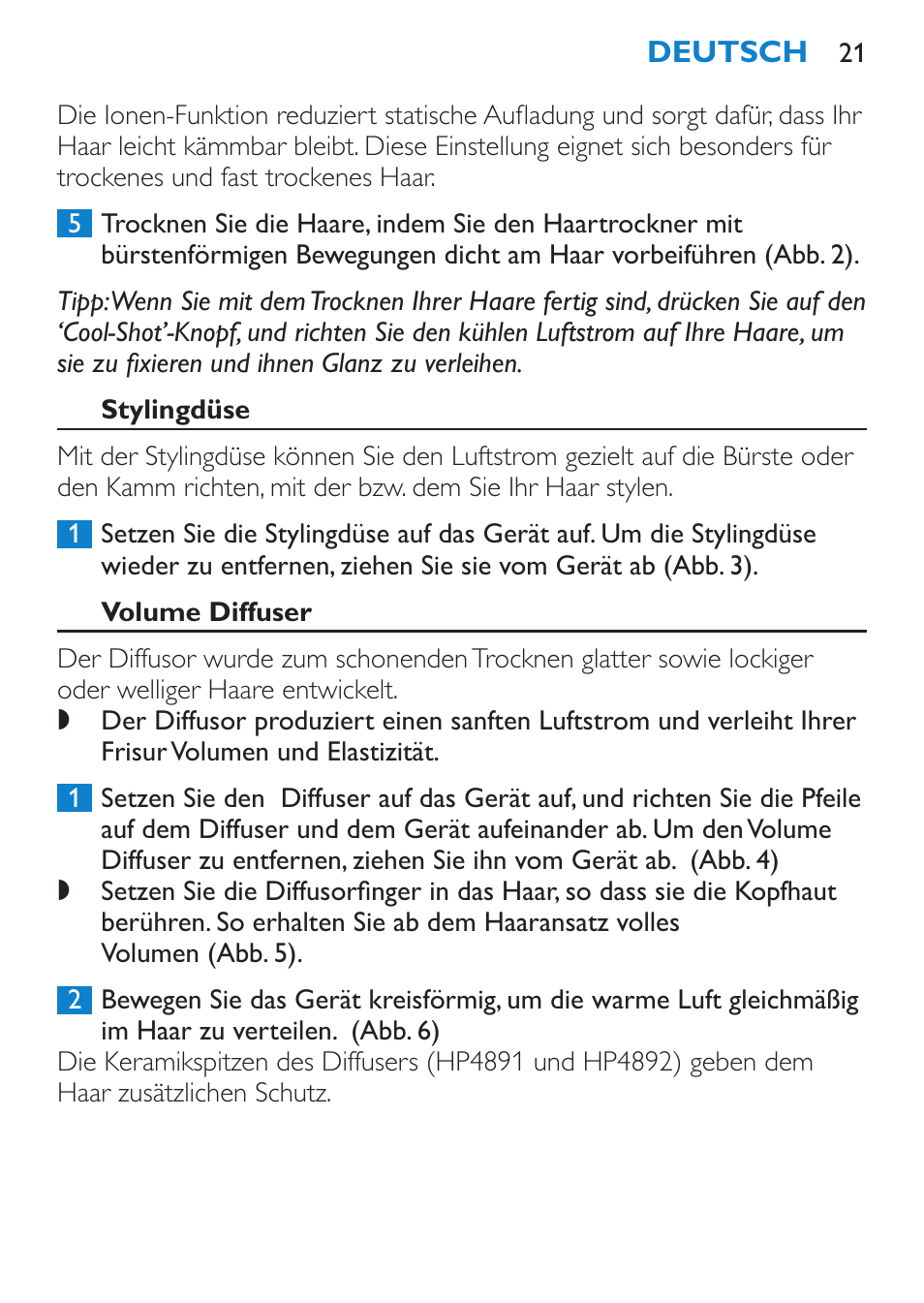 Stylingdüse, Volume diffuser | Philips SalonPro AC Secador User Manual | Page 21 / 96