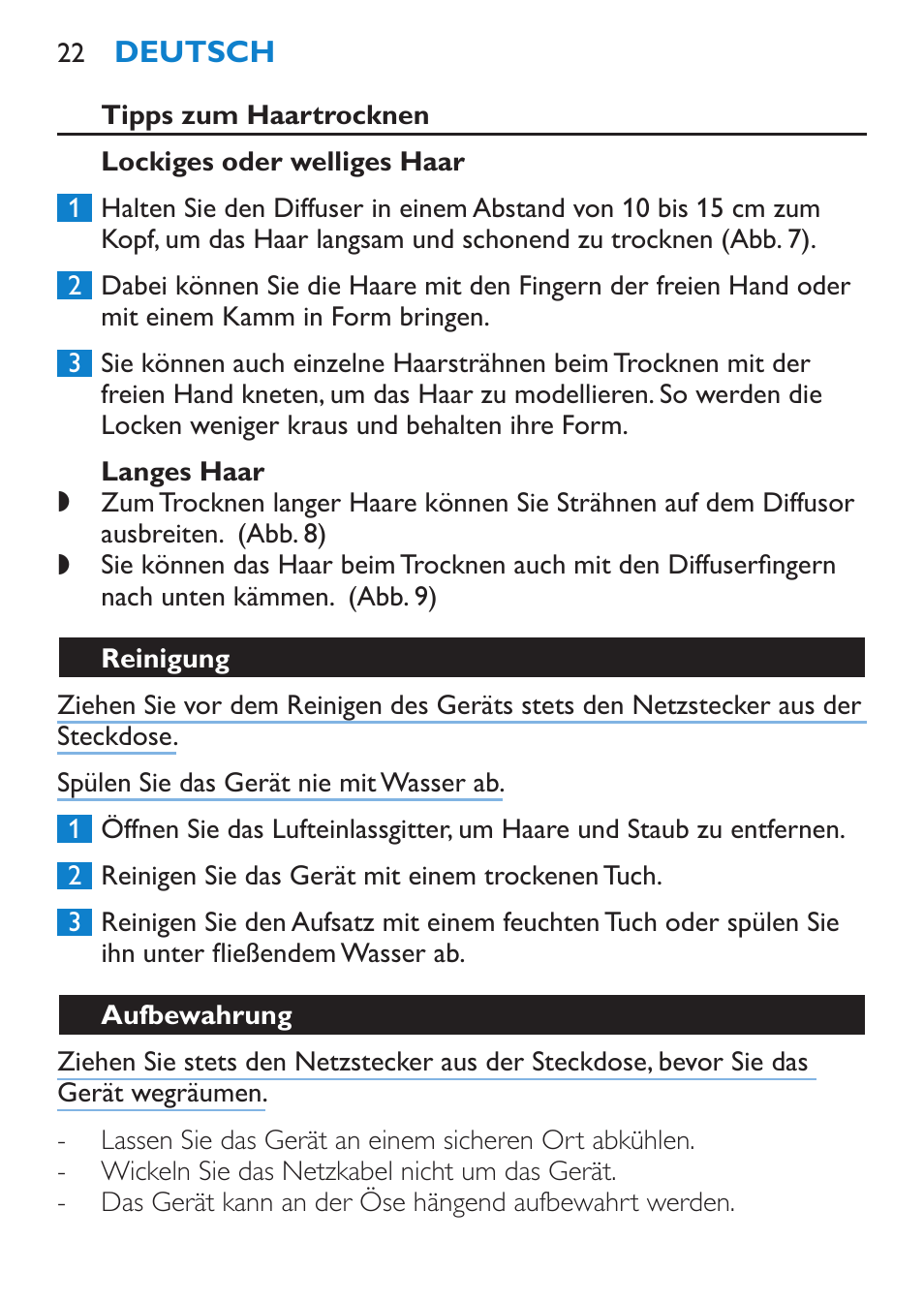 Tipps zum haartrocknen, Lockiges oder welliges haar, Langes haar | Reinigung, Aufbewahrung | Philips SalonPro AC Secador User Manual | Page 22 / 96