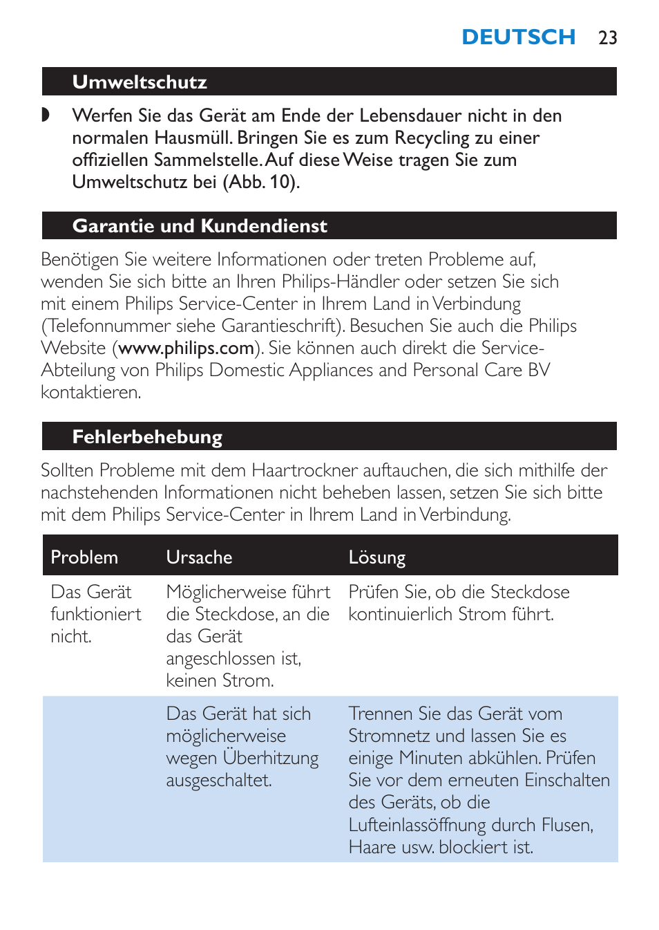 Umweltschutz, Garantie und kundendienst, Fehlerbehebung | Philips SalonPro AC Secador User Manual | Page 23 / 96