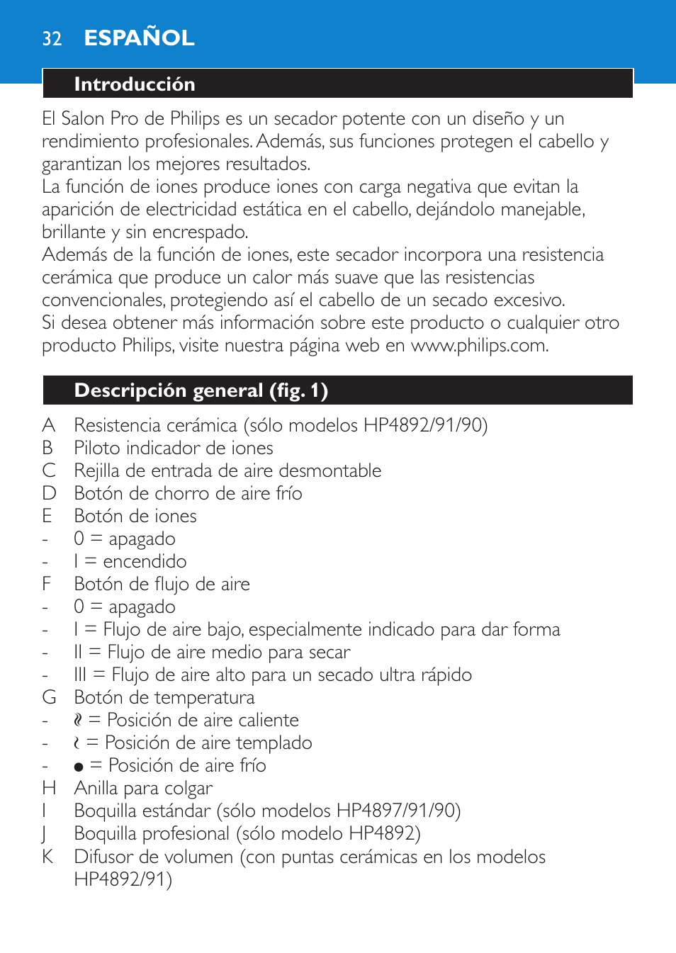 Español, Introducción, Descripción general (fig. 1) | Philips SalonPro AC Secador User Manual | Page 32 / 96