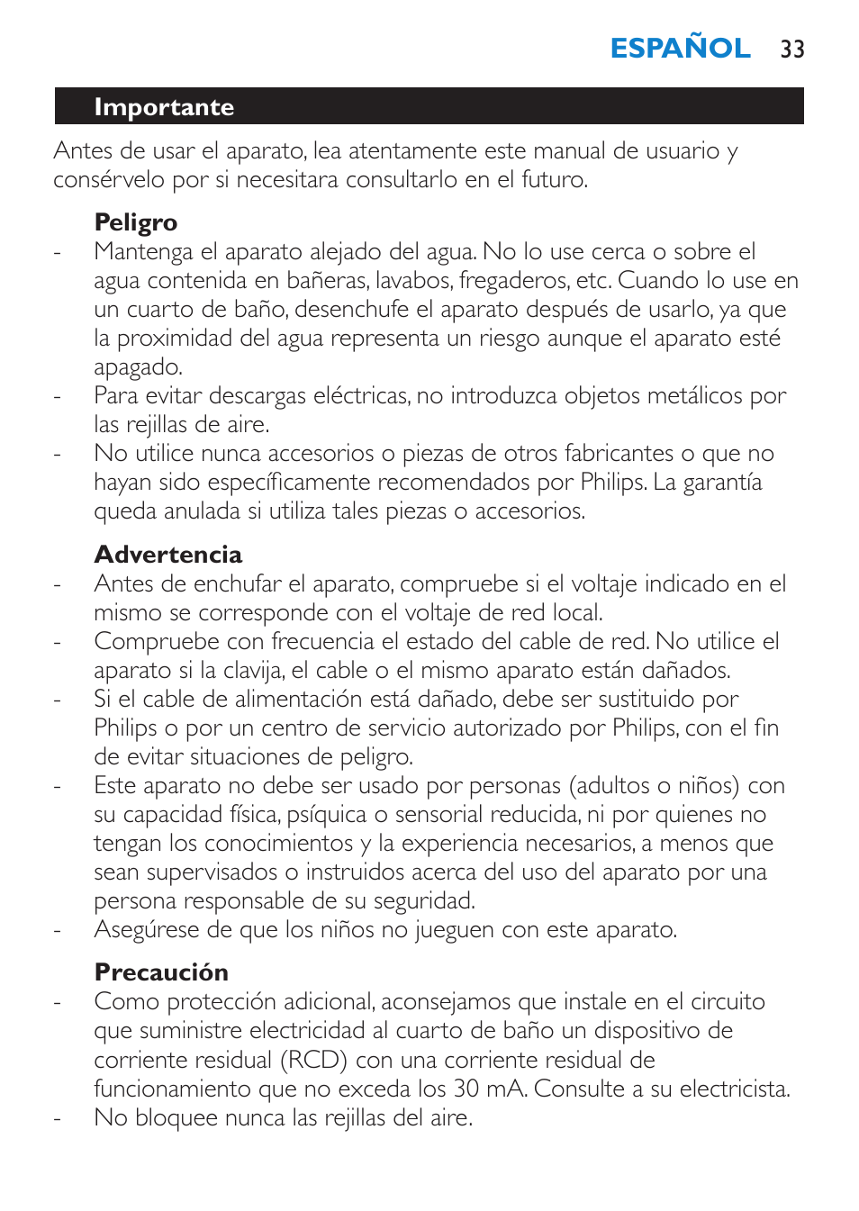 Peligro, Advertencia, Precaución | Importante | Philips SalonPro AC Secador User Manual | Page 33 / 96