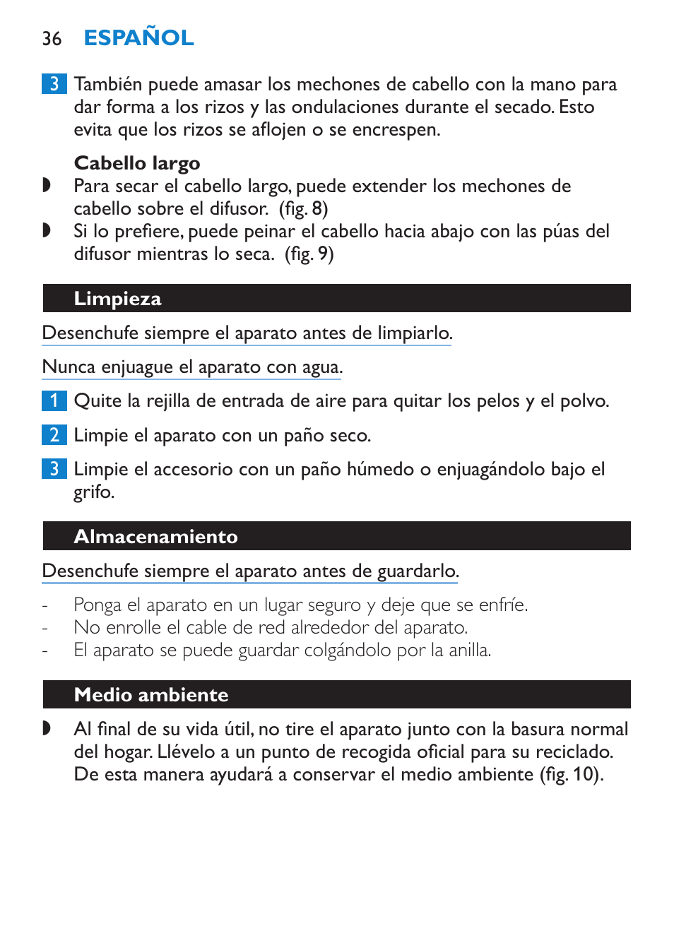 Cabello largo, Limpieza, Almacenamiento | Medio ambiente, Garantía y servicio | Philips SalonPro AC Secador User Manual | Page 36 / 96