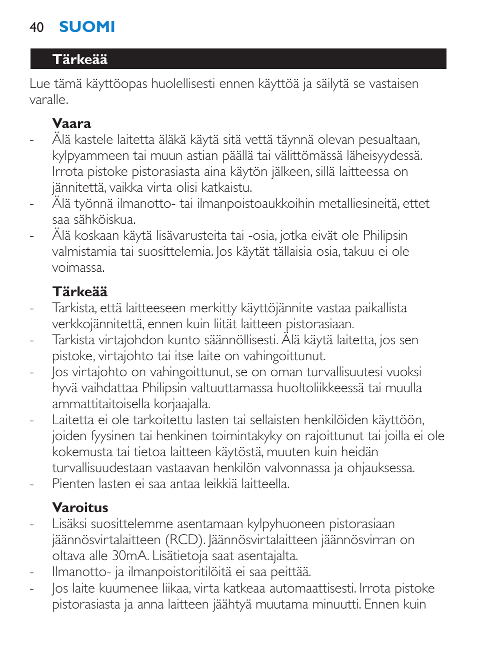 Vaara, Tärkeää, Varoitus | Philips SalonPro AC Secador User Manual | Page 40 / 96