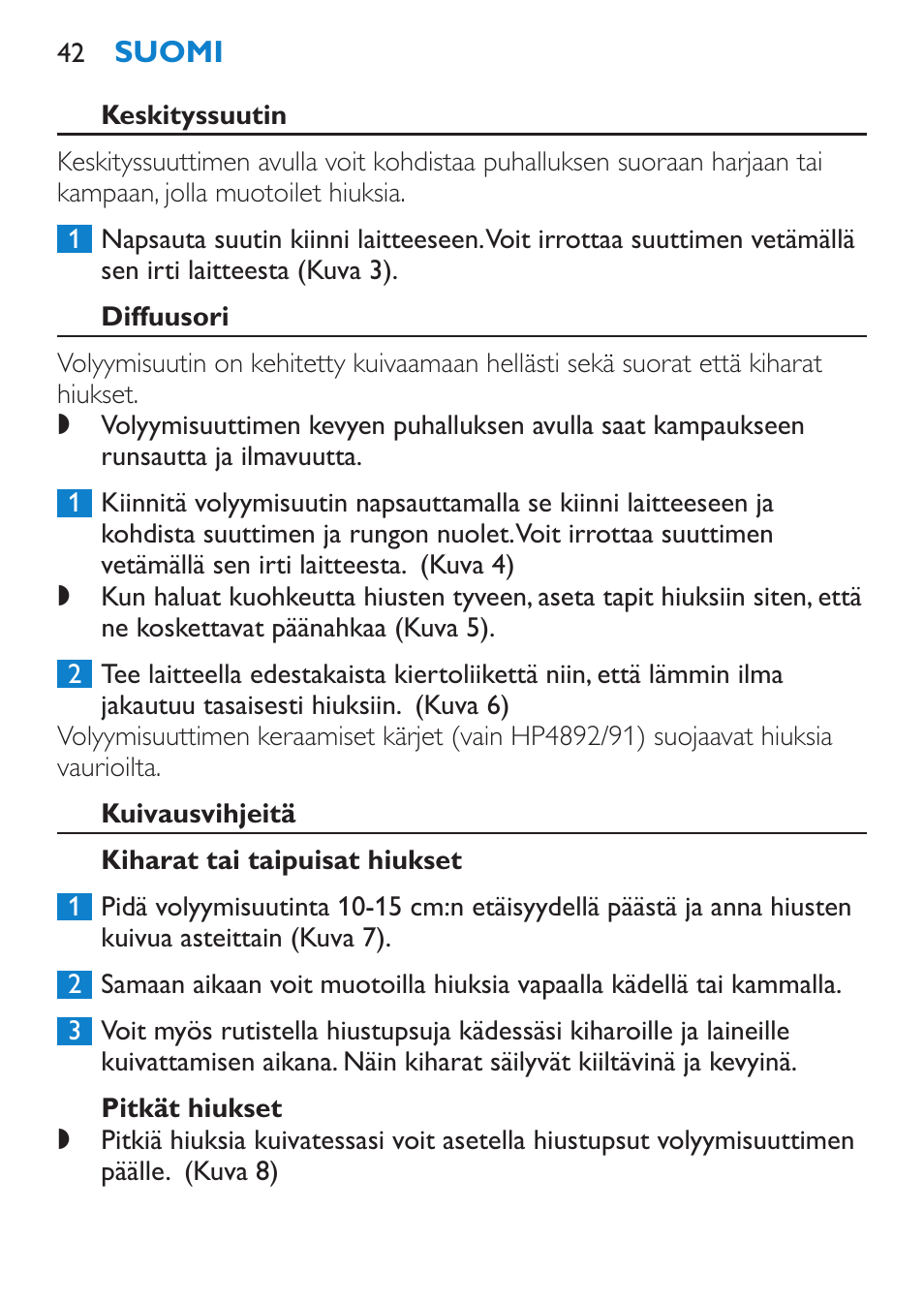 Keskityssuutin, Diffuusori, Kuivausvihjeitä | Kiharat tai taipuisat hiukset, Pitkät hiukset | Philips SalonPro AC Secador User Manual | Page 42 / 96