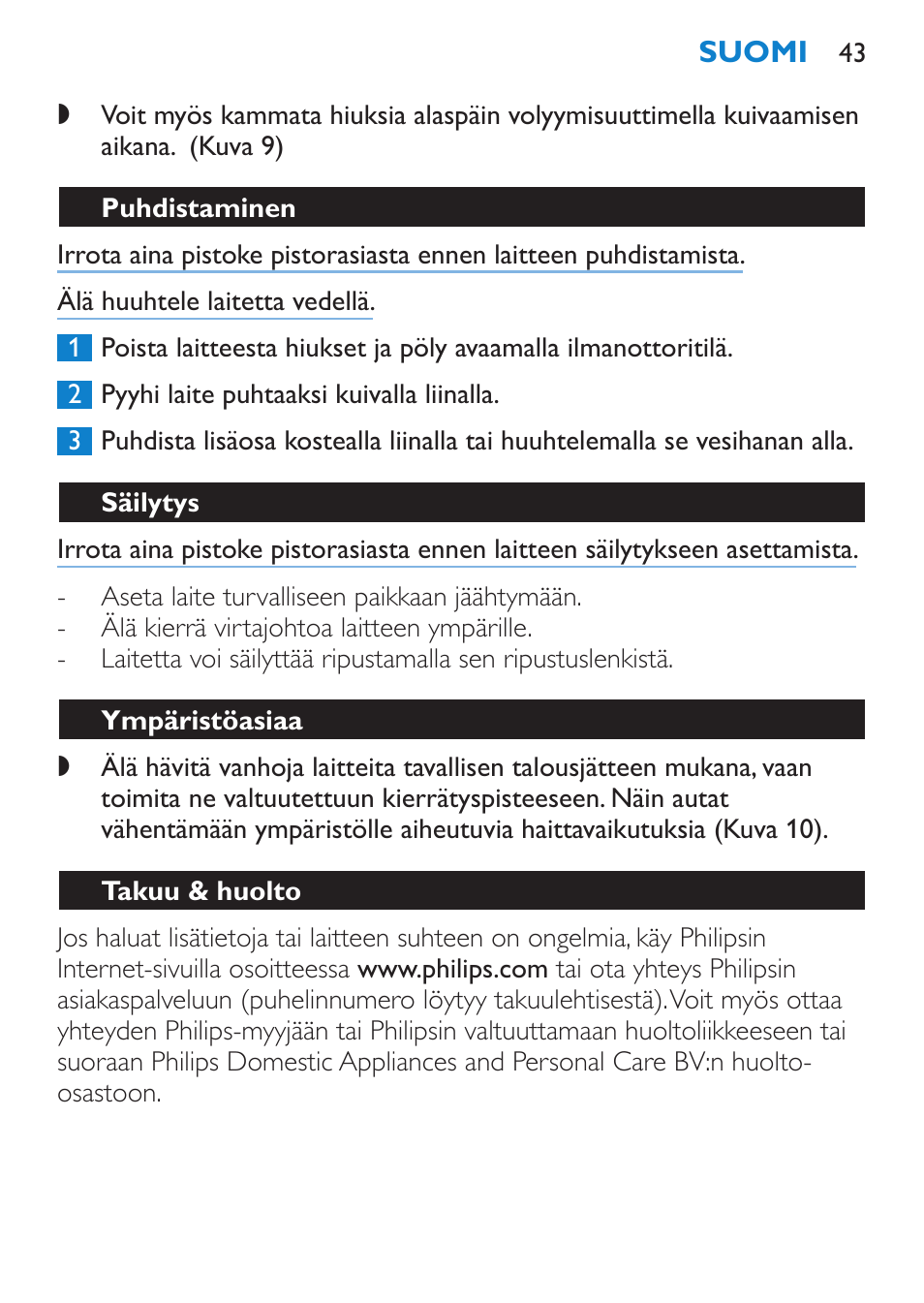 Puhdistaminen, Säilytys, Ympäristöasiaa | Takuu & huolto | Philips SalonPro AC Secador User Manual | Page 43 / 96