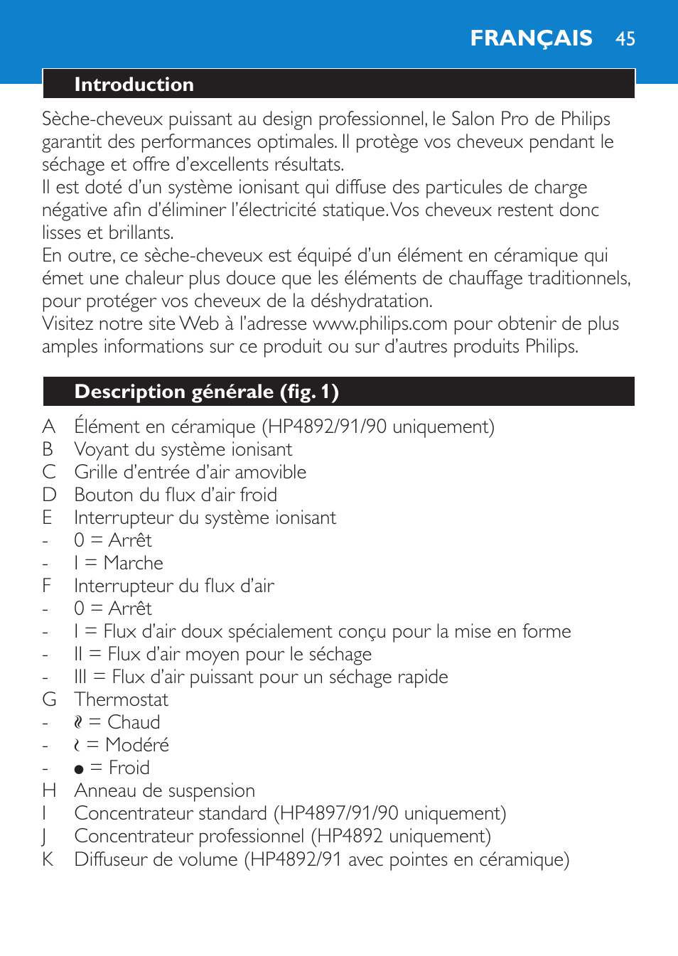 Français, Introduction, Description générale (fig. 1) | Philips SalonPro AC Secador User Manual | Page 45 / 96