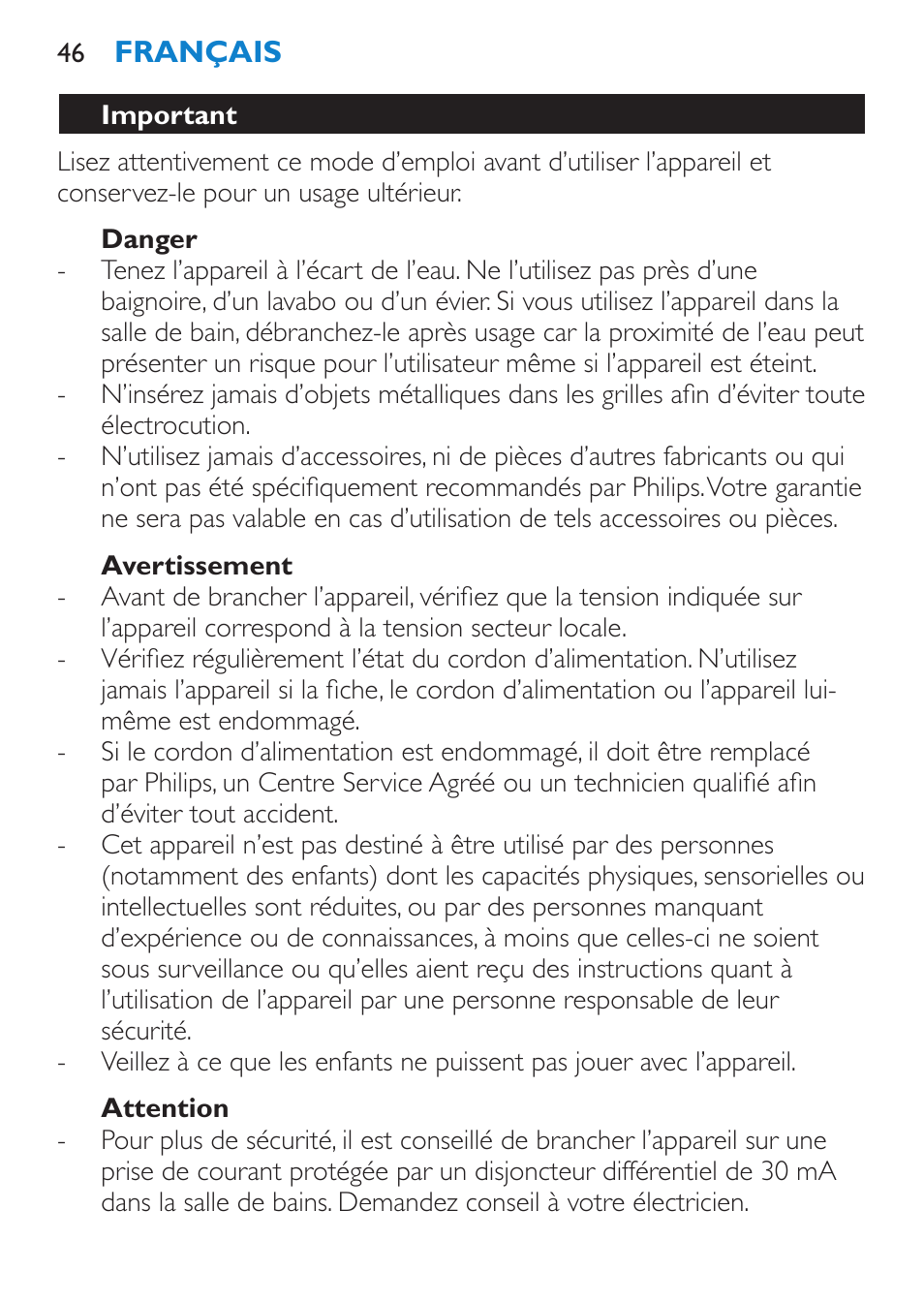 Danger, Avertissement, Attention | Important | Philips SalonPro AC Secador User Manual | Page 46 / 96