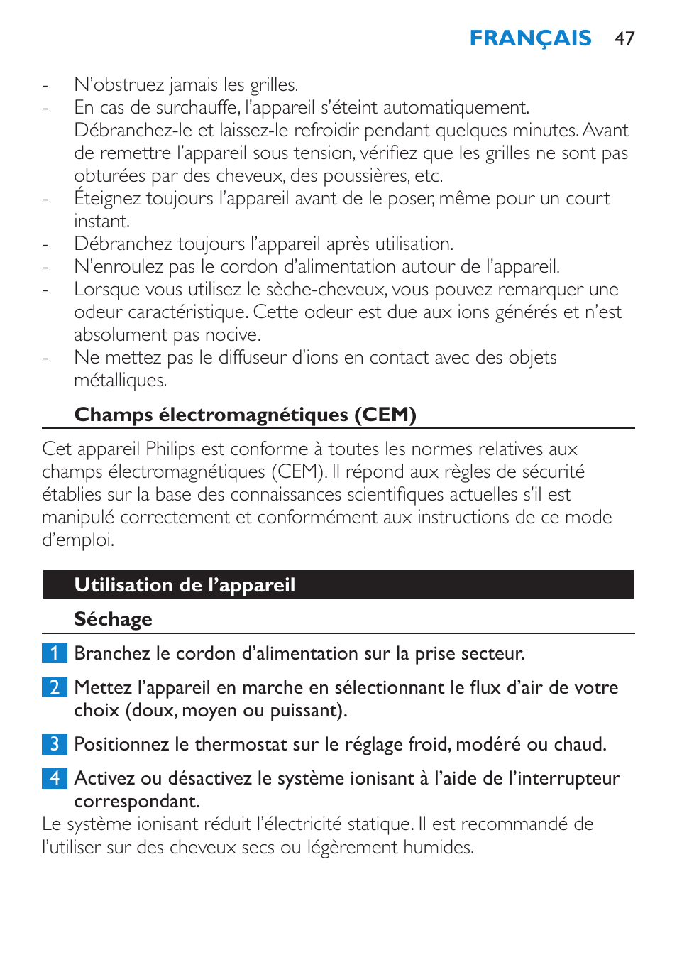 Champs électromagnétiques (cem), Utilisation de l’appareil, Séchage | Philips SalonPro AC Secador User Manual | Page 47 / 96