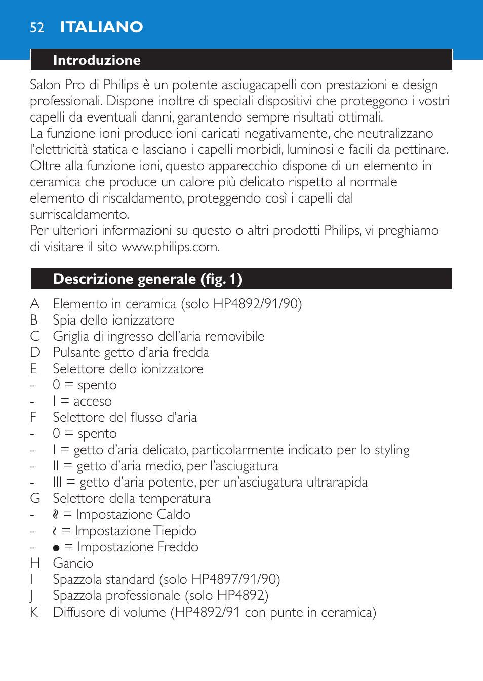 Italiano, Introduzione, Descrizione generale (fig. 1) | Philips SalonPro AC Secador User Manual | Page 52 / 96