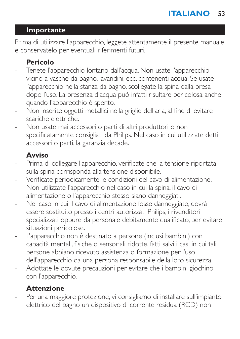 Pericolo, Avviso, Attenzione | Importante | Philips SalonPro AC Secador User Manual | Page 53 / 96