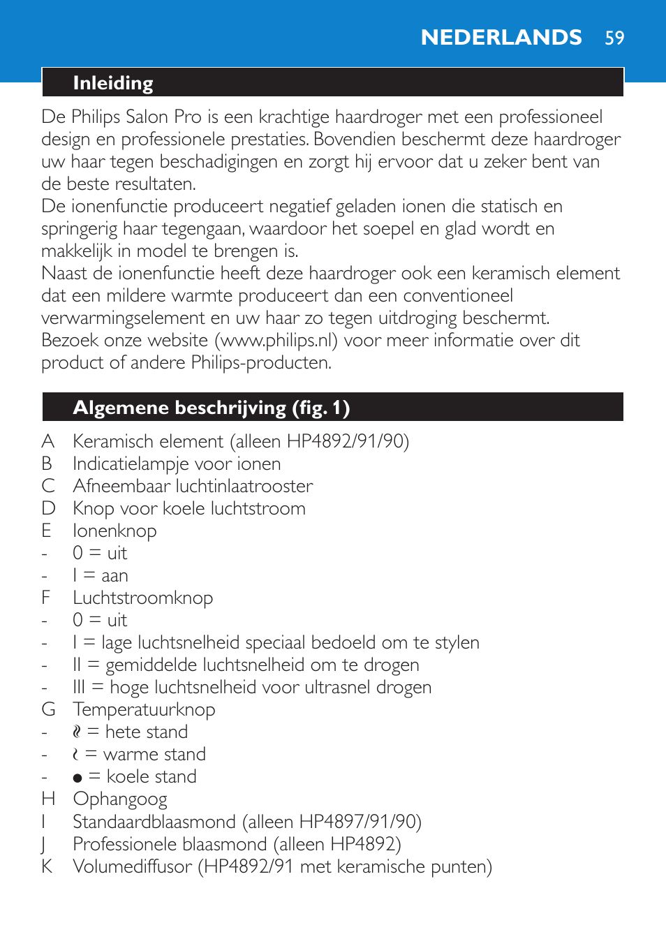 Nederlands, Inleiding, Algemene beschrijving (fig. 1) | Philips SalonPro AC Secador User Manual | Page 59 / 96