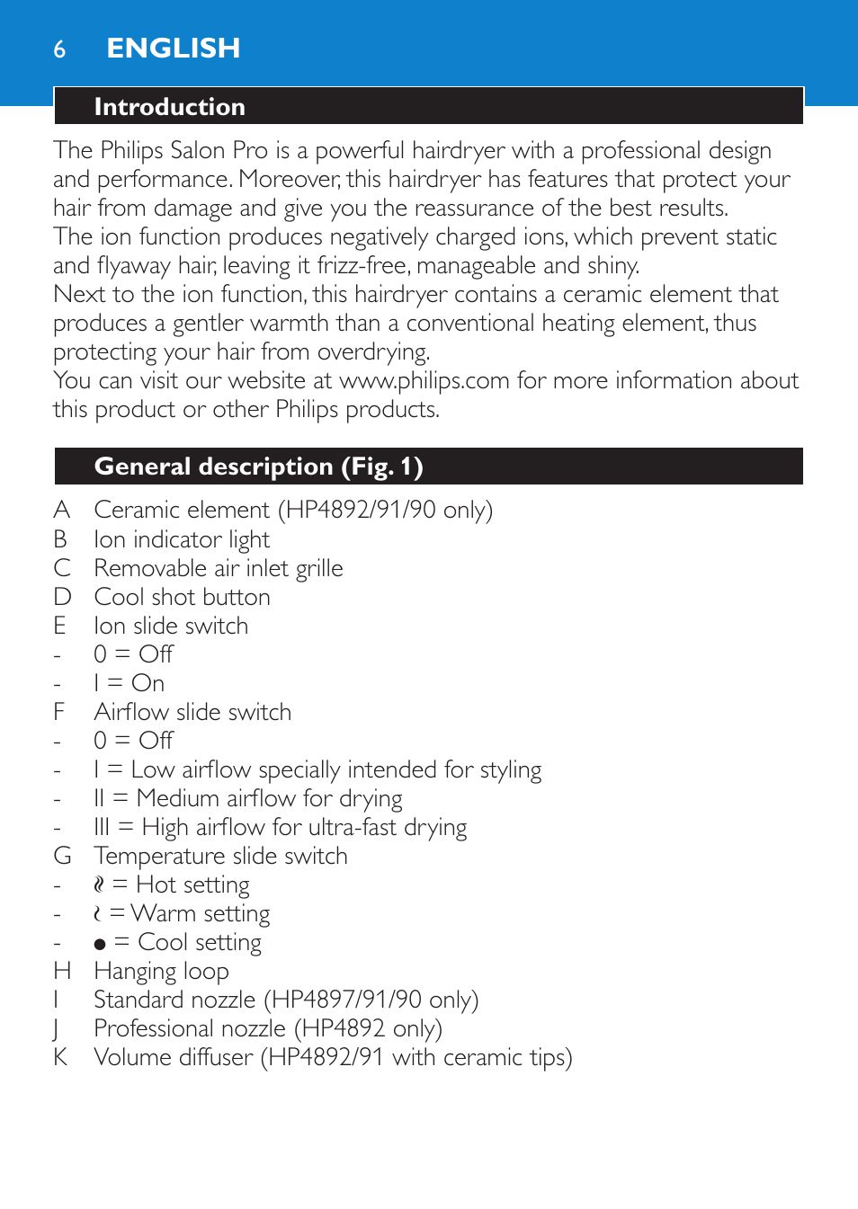 English, Introduction, General description (fig. 1) | Philips SalonPro AC Secador User Manual | Page 6 / 96