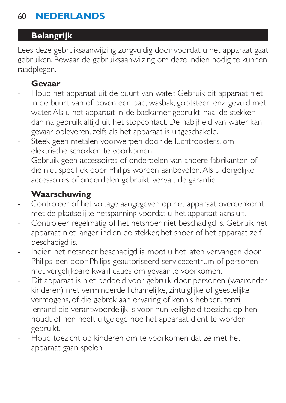 Gevaar, Waarschuwing, Belangrijk | Philips SalonPro AC Secador User Manual | Page 60 / 96