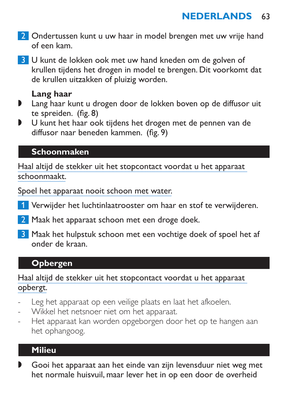 Lang haar, Schoonmaken, Opbergen | Milieu | Philips SalonPro AC Secador User Manual | Page 63 / 96