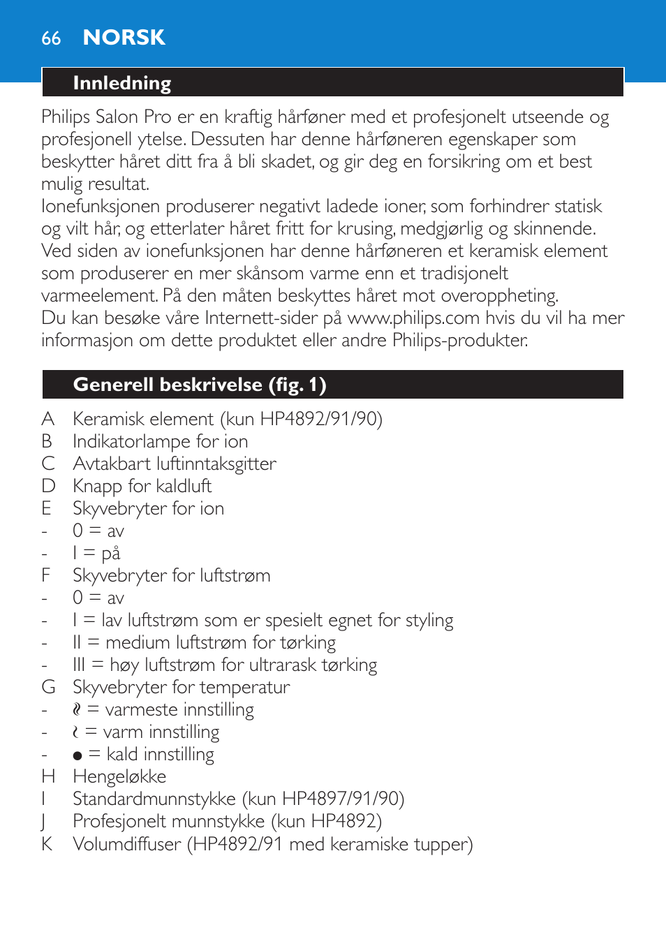 Norsk, Innledning, Generell beskrivelse (fig. 1) | Philips SalonPro AC Secador User Manual | Page 66 / 96