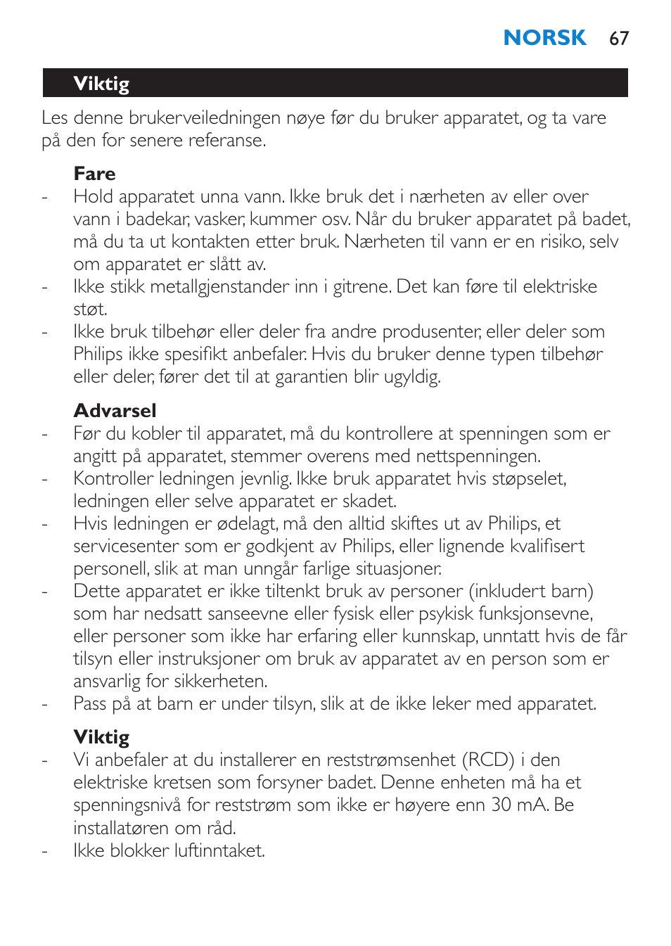 Fare, Advarsel, Viktig | Philips SalonPro AC Secador User Manual | Page 67 / 96