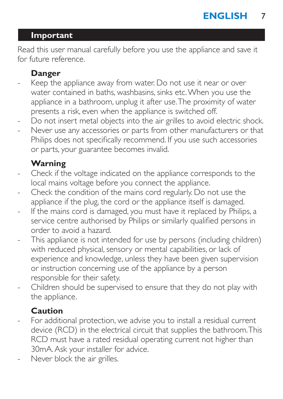 Important, Danger, Warning | Caution | Philips SalonPro AC Secador User Manual | Page 7 / 96