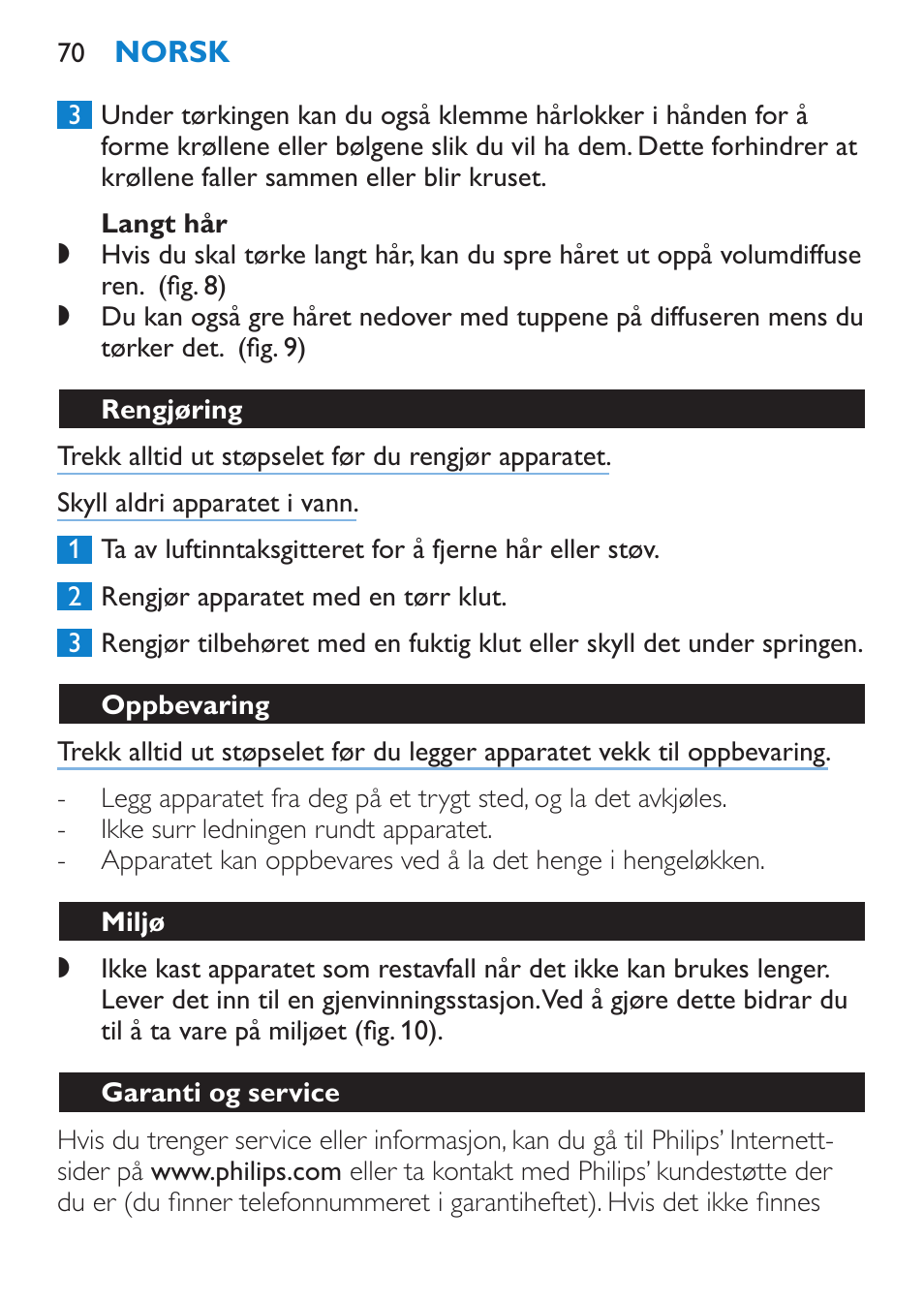 Langt hår, Rengjøring, Oppbevaring | Miljø, Garanti og service | Philips SalonPro AC Secador User Manual | Page 70 / 96