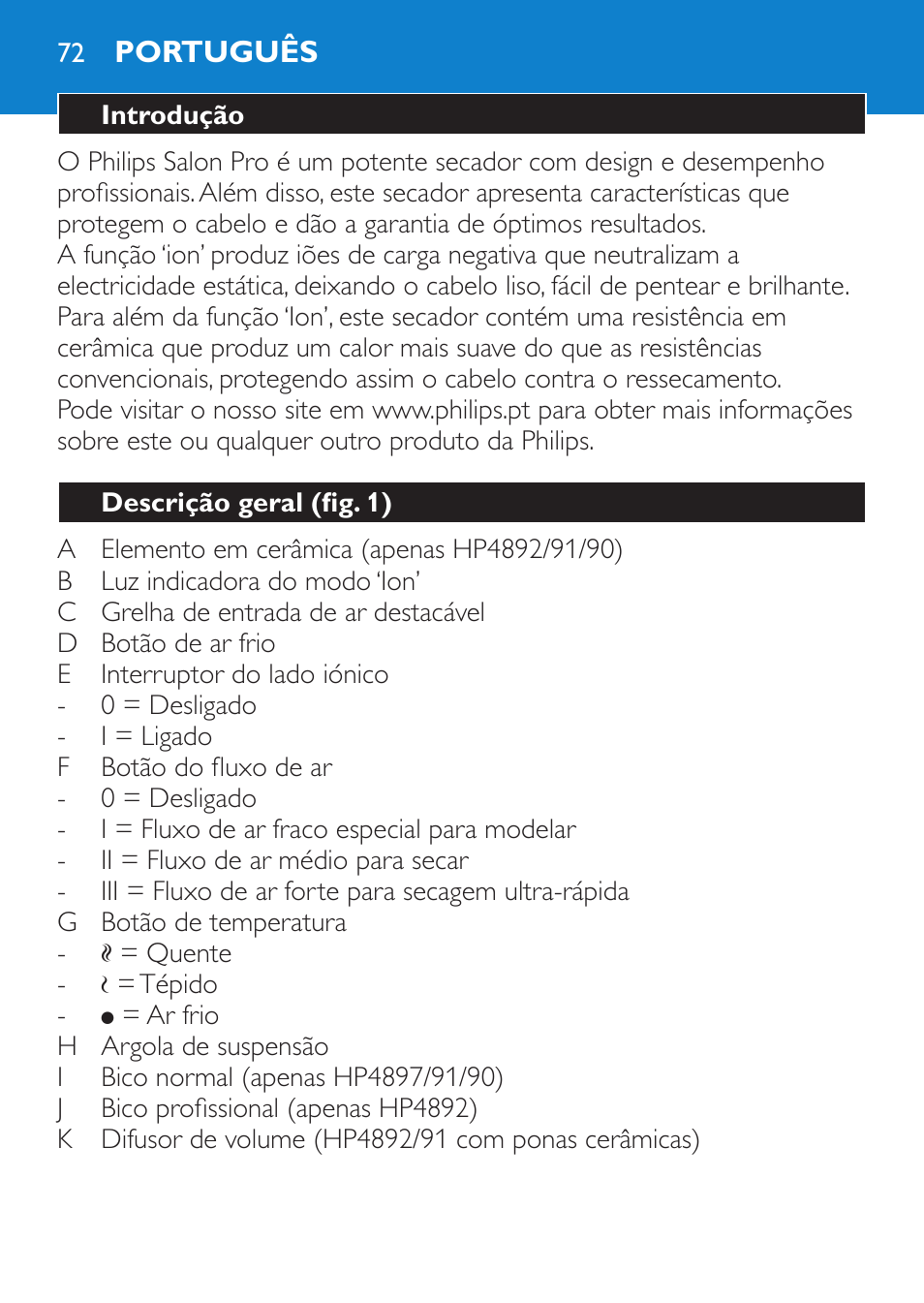 Português, Introdução, Descrição geral (fig. 1) | Philips SalonPro AC Secador User Manual | Page 72 / 96