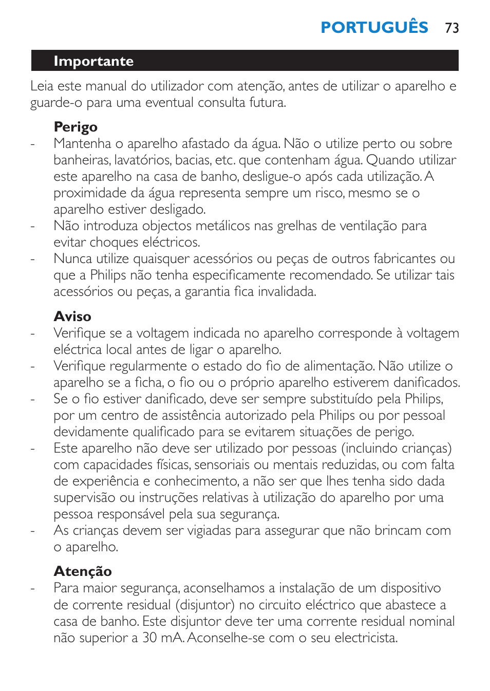 Perigo, Aviso, Atenção | Importante | Philips SalonPro AC Secador User Manual | Page 73 / 96