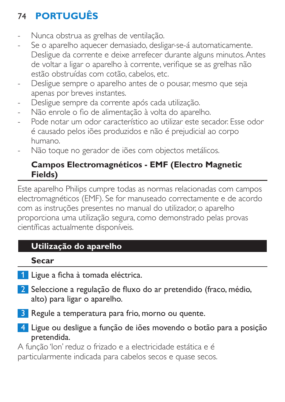 Utilização do aparelho, Secar | Philips SalonPro AC Secador User Manual | Page 74 / 96