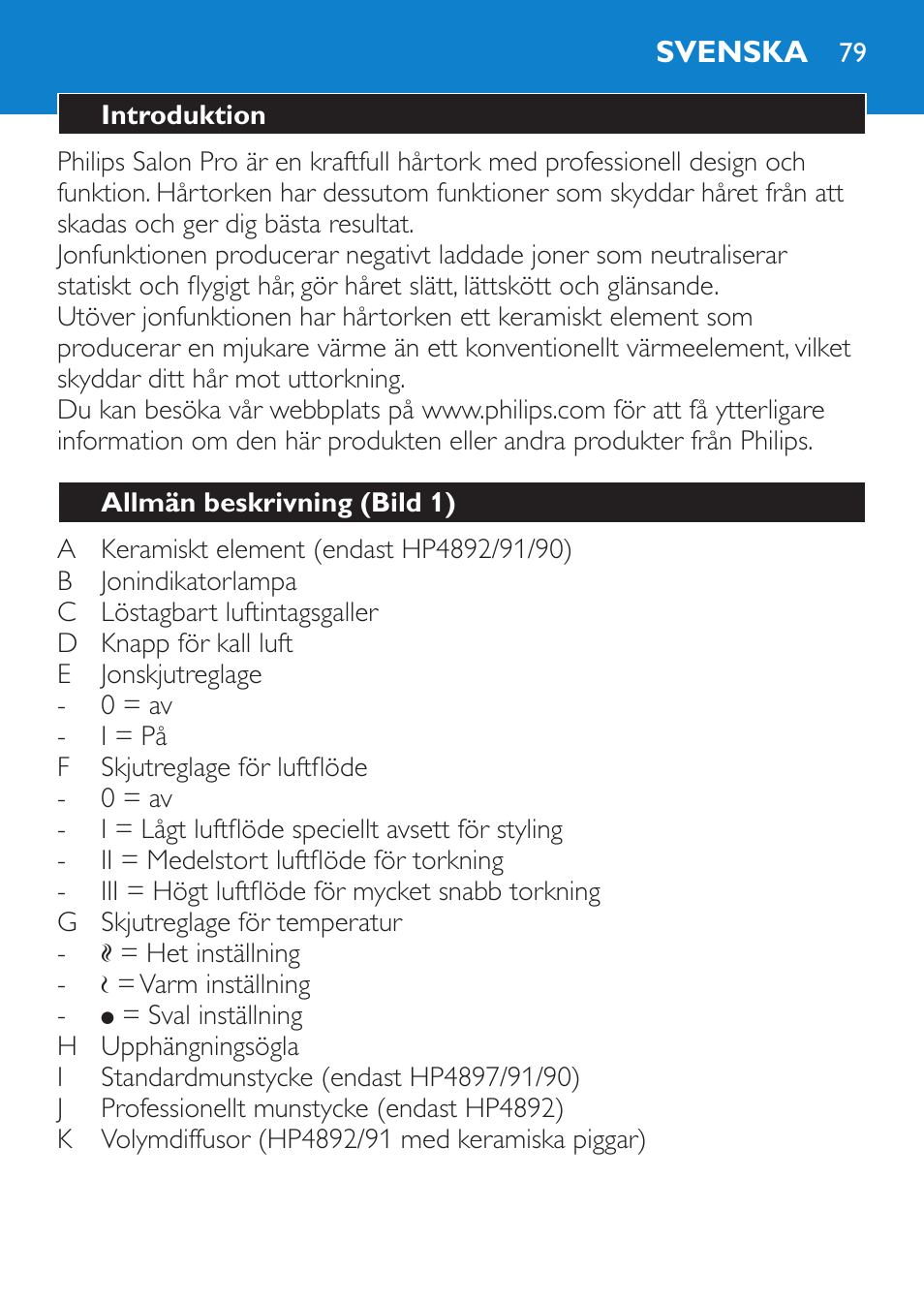 Svenska, Introduktion, Allmän beskrivning (bild 1) | Philips SalonPro AC Secador User Manual | Page 79 / 96