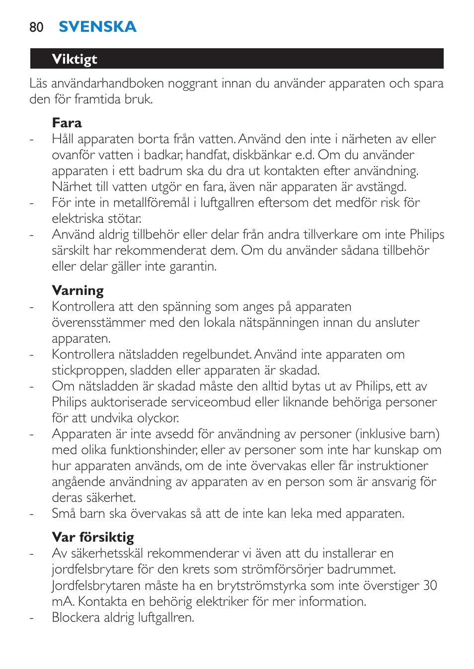 Fara, Varning, Var försiktig | Viktigt | Philips SalonPro AC Secador User Manual | Page 80 / 96