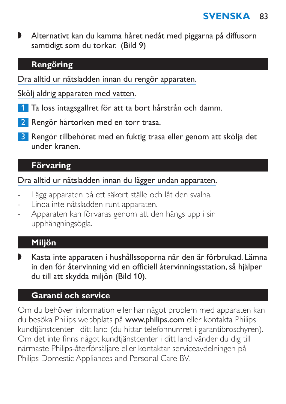 Rengöring, Förvaring, Miljön | Garanti och service | Philips SalonPro AC Secador User Manual | Page 83 / 96