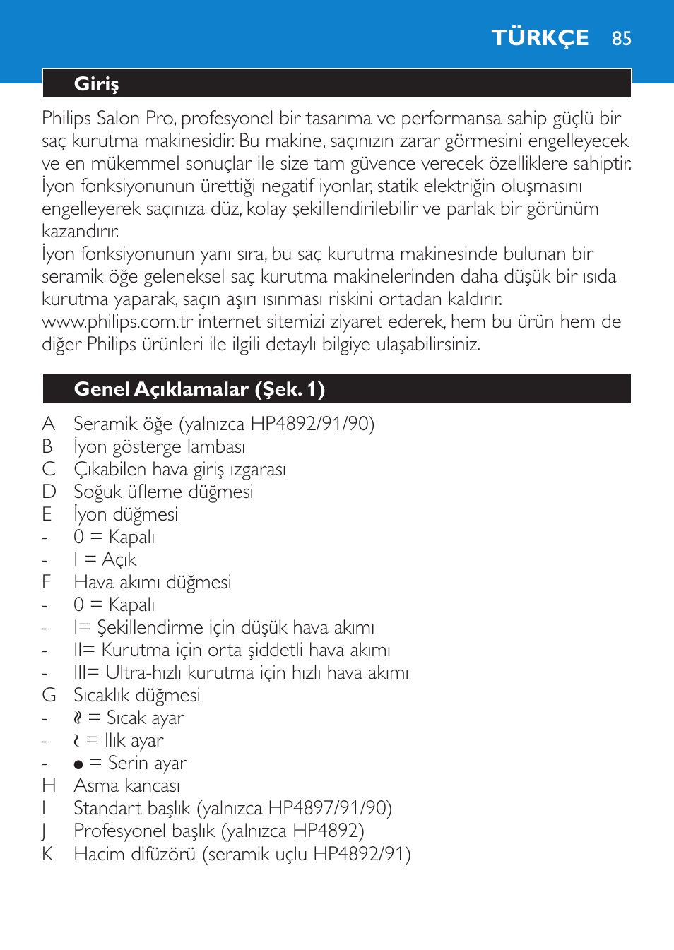 Türkçe, Giriş, Genel açıklamalar (şek. 1) | Philips SalonPro AC Secador User Manual | Page 85 / 96