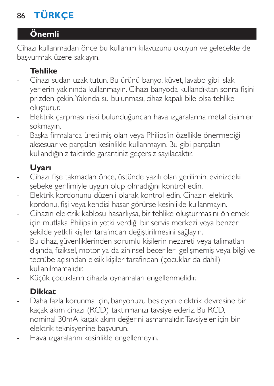 Tehlike, Uyarı, Dikkat | Önemli | Philips SalonPro AC Secador User Manual | Page 86 / 96