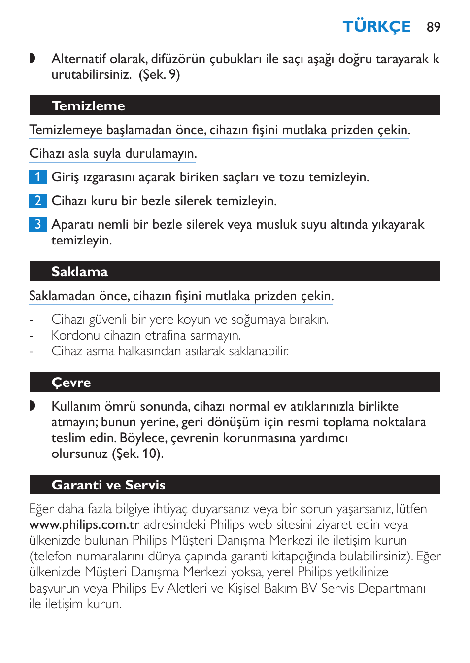 Temizleme, Saklama, Çevre | Garanti ve servis | Philips SalonPro AC Secador User Manual | Page 89 / 96